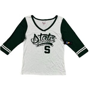 NWT Michigan State Spartans Ladies Green White Silver V‎ Neck  T Shirt Large